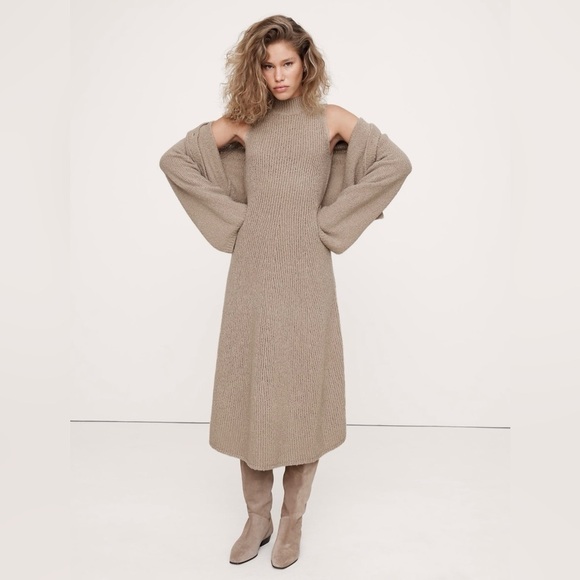 NWT! BANANA REPUBLIC RIVER BANK BEIGE MERINO-BLEND MOCK-NECK MIDI SWEATER DRESS💙 - Picture 1 of 5
